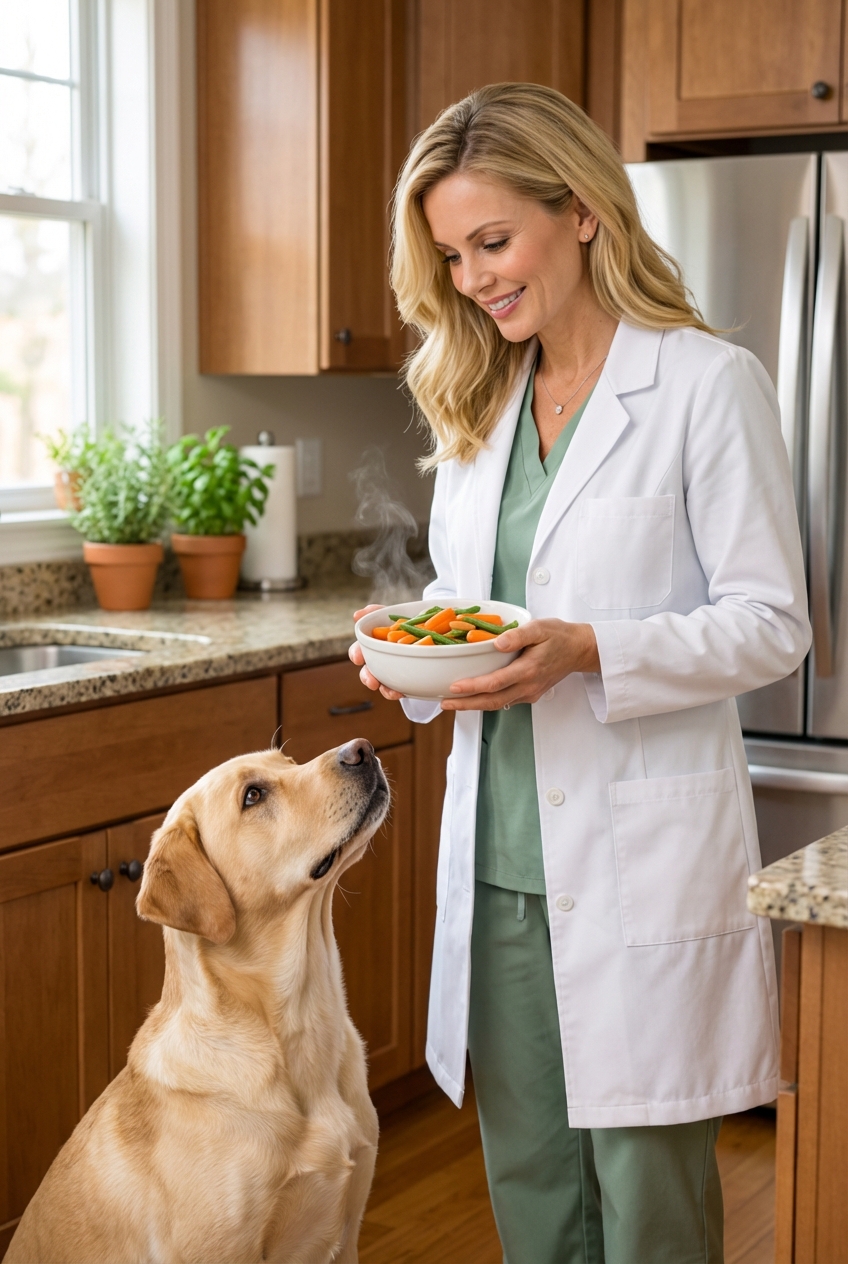 Labrador retriever looking up while a person holds a small bowl of steamed carrots and green beans in a home kitchen