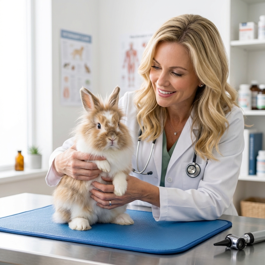 Lionhead rabbit being gently examined by a veterinarian in a clinic