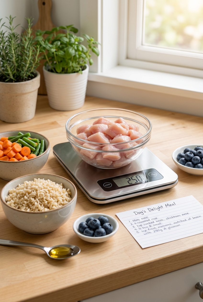 Measured ingredients for a homemade pet meal on a kitchen counter with a digital scale