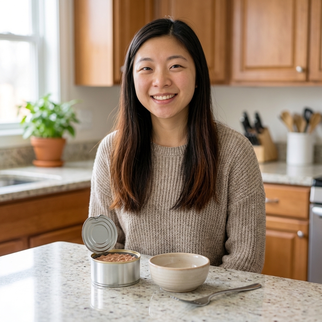 Open can of cat food next to a small bowl on a countertop
