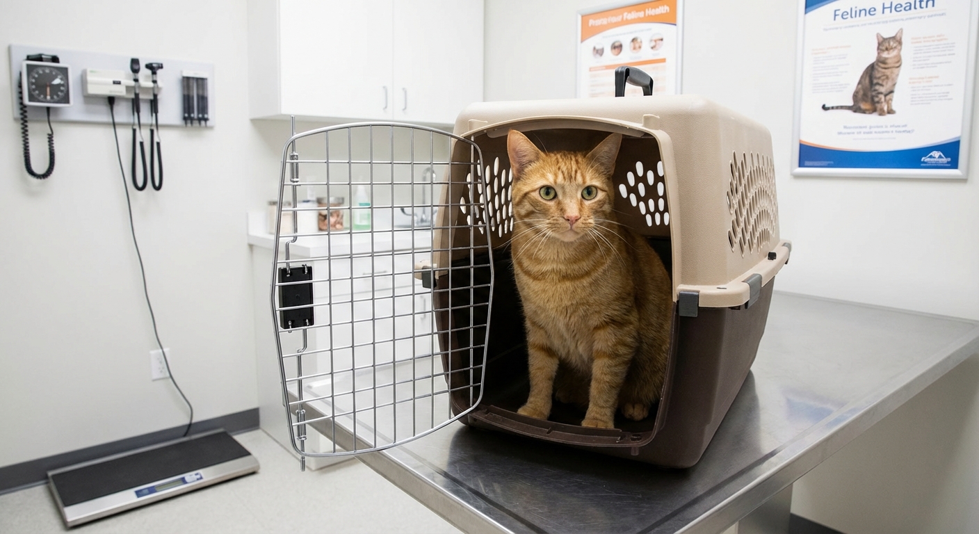 Orange cat sitting in a carrier in a veterinary clinic exam room