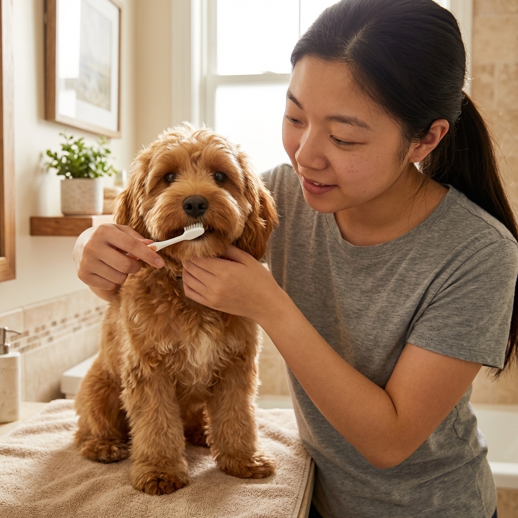 Owner gently brushing a Cockapoo’s teeth with a small dog toothbrush, dog sitting calmly on a towel