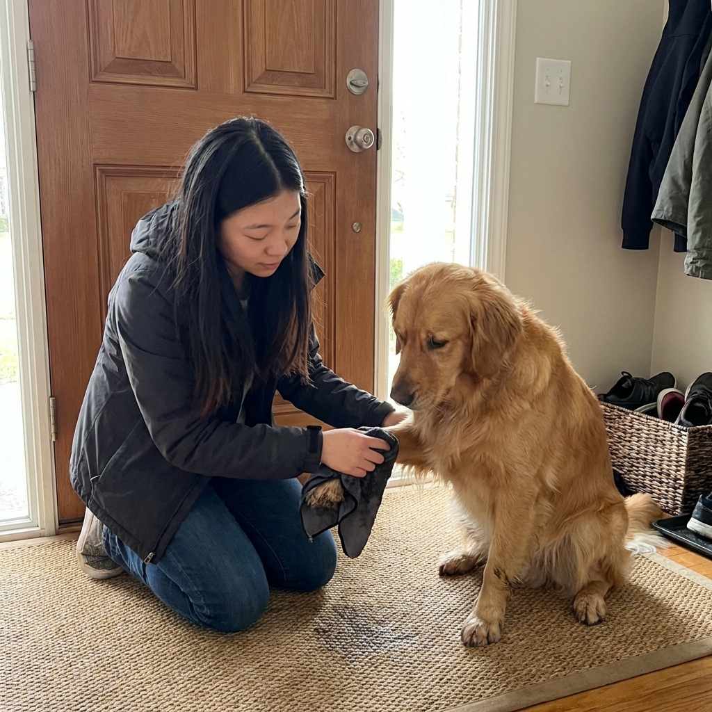 Owner gently wiping a dog’s paws with a damp cloth near a front door