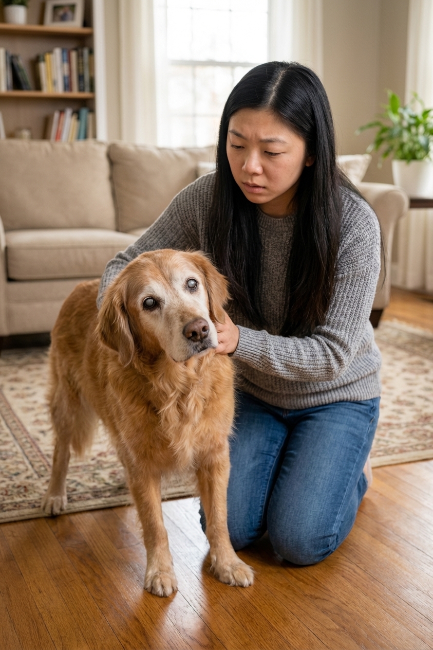 Owner kneeling beside an older dog that looks disoriented on a living room floor.