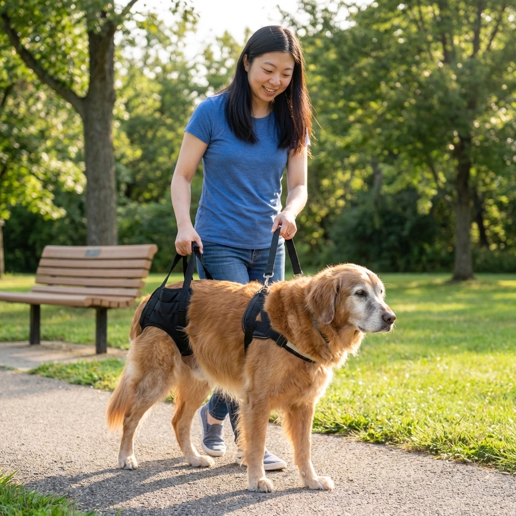 Owner using a rear support harness to help a senior dog walk outside.