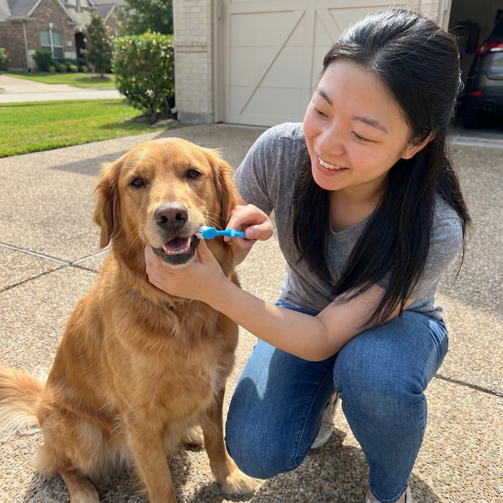 Person brushing a dog's teeth with a small toothbrush