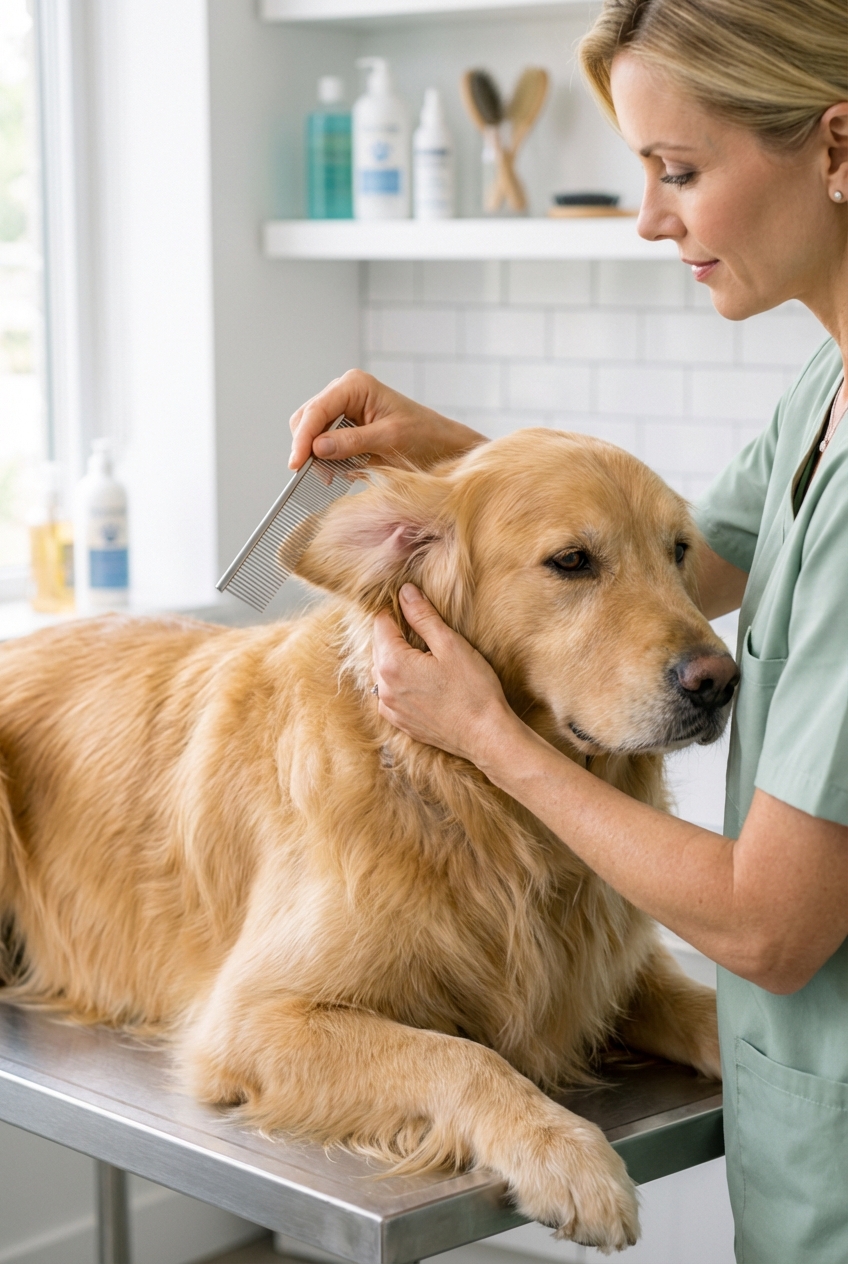 Person gently combing a dog's ear area while holding hair near the skin