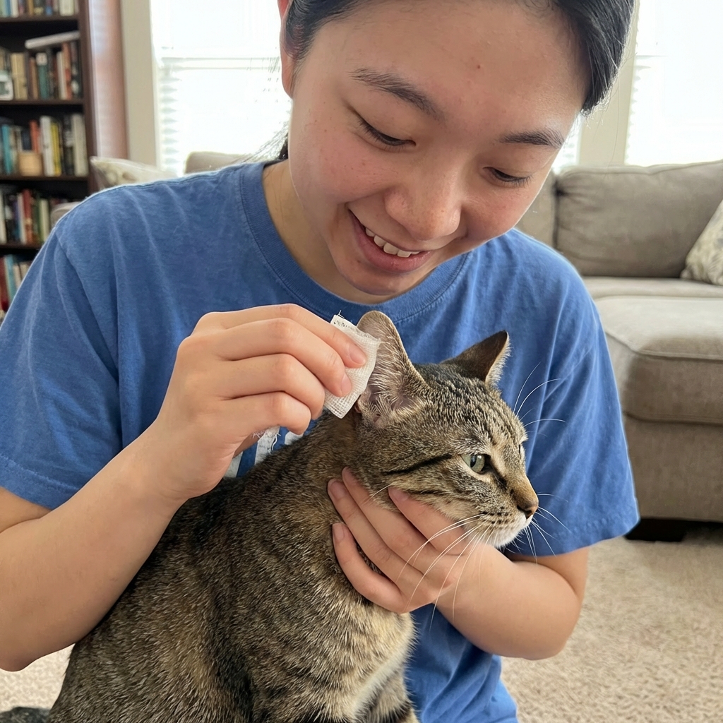 Person gently holding a cat while wiping the outer ear with gauze
