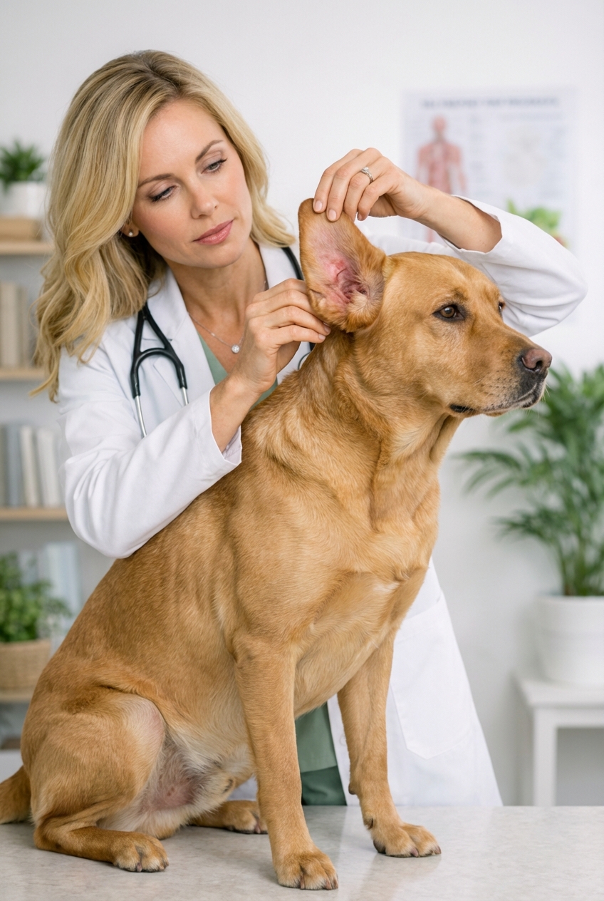 Person gently lifting a dog's ear flap to check for redness