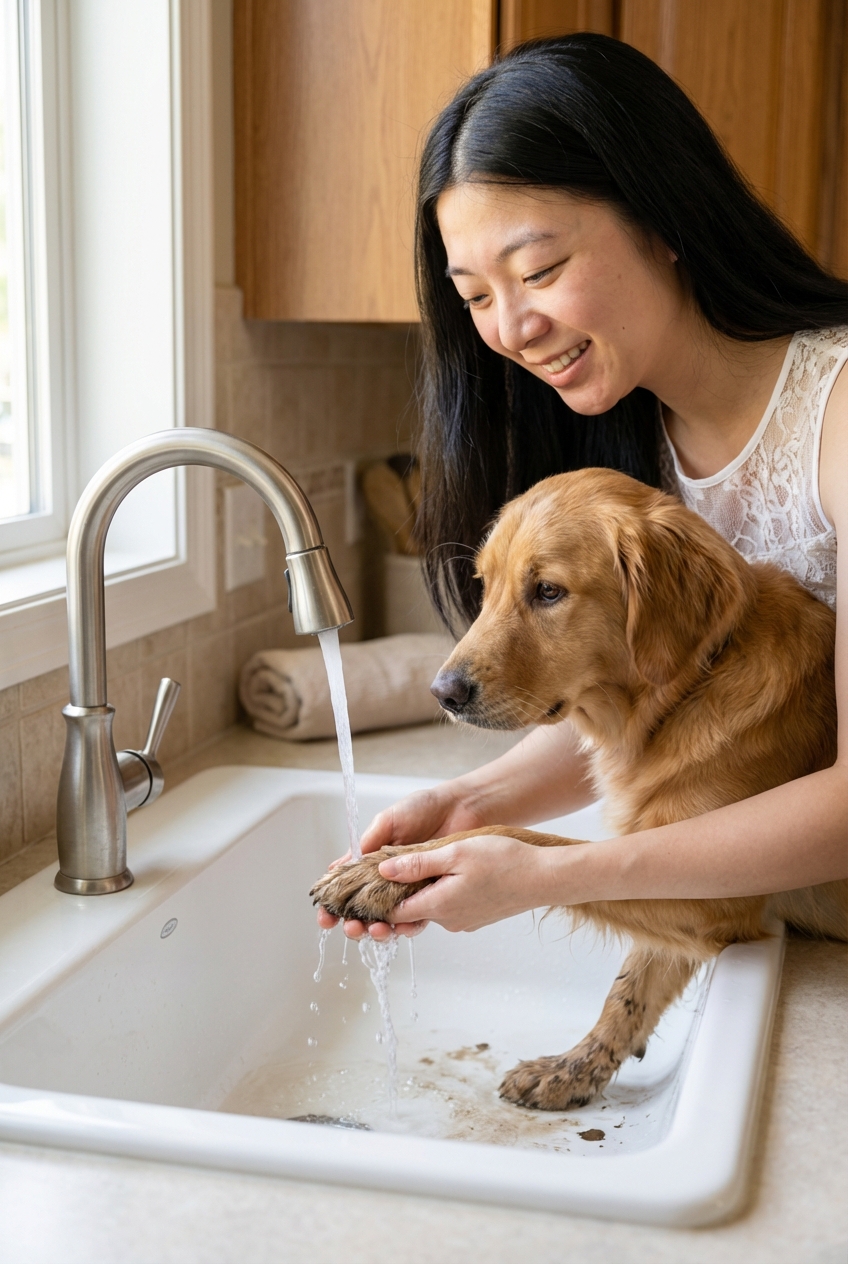 Person gently rinsing a dog’s paws in a sink with lukewarm water