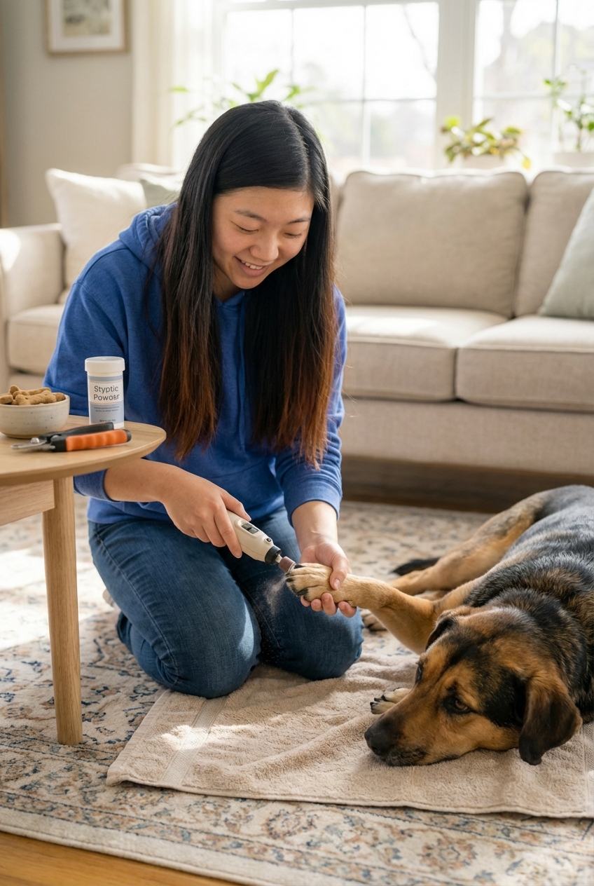 Person gently using a nail grinder on a dog’s black nail in a well-lit room