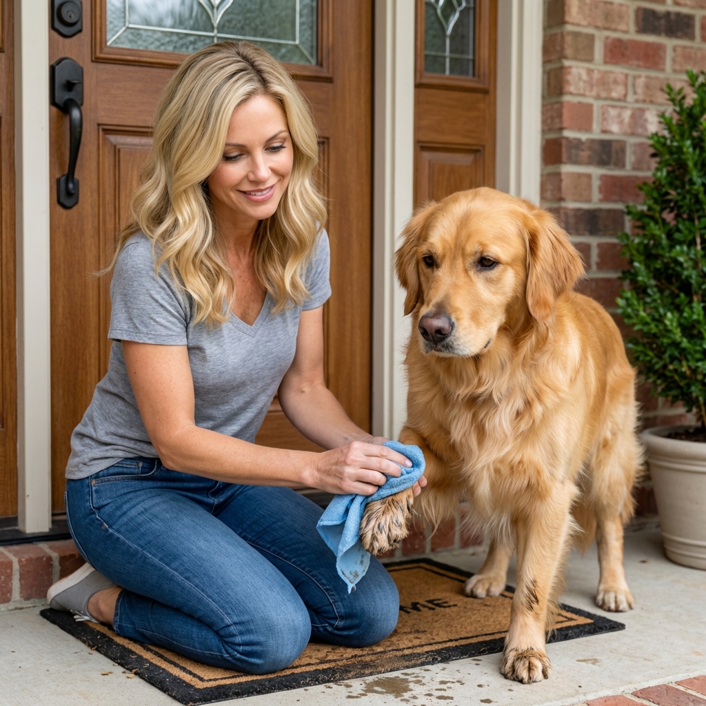 Person gently wiping a dog's paws with a damp cloth near a front door