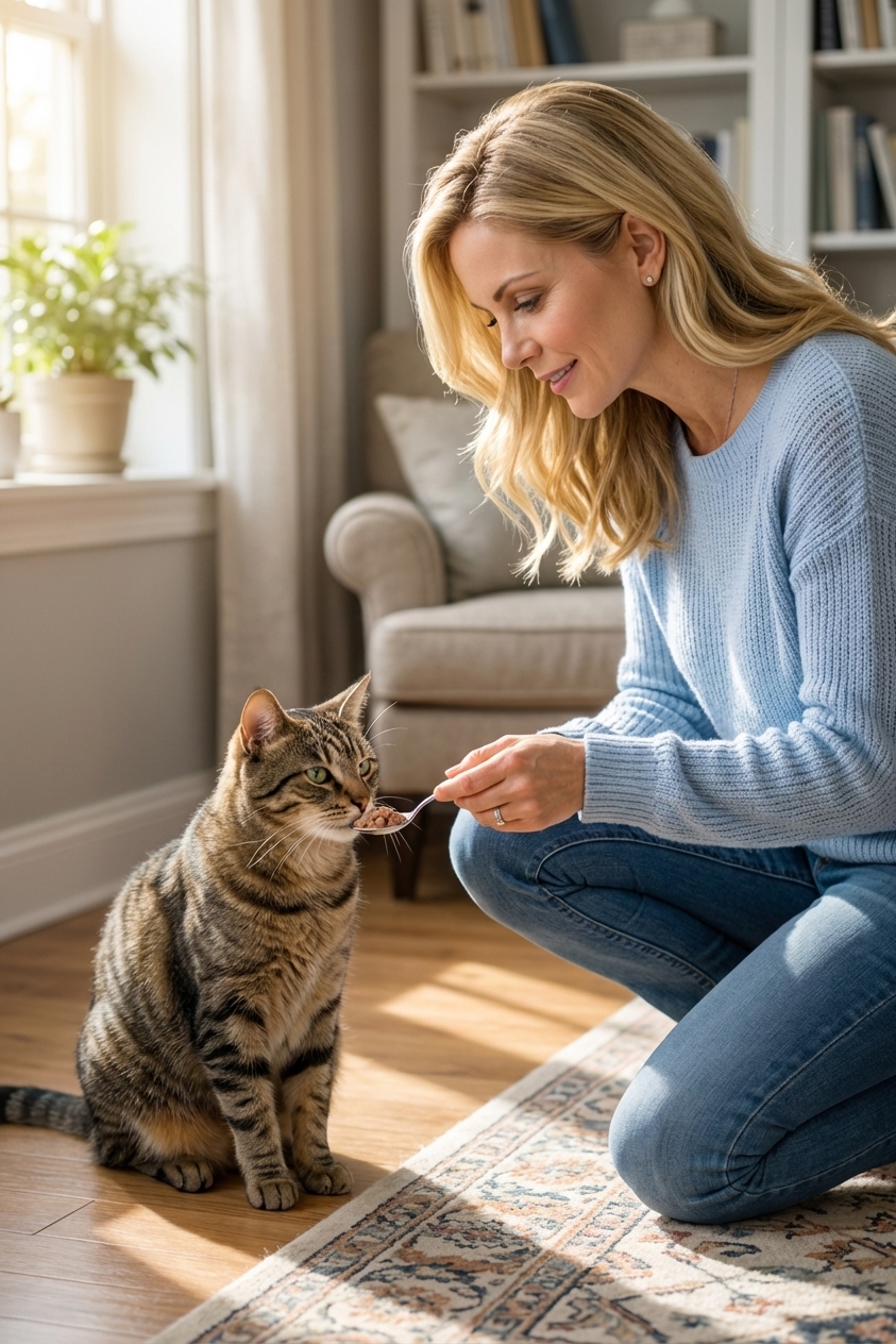 Person offering a small spoonful of wet cat food to a calm adult cat