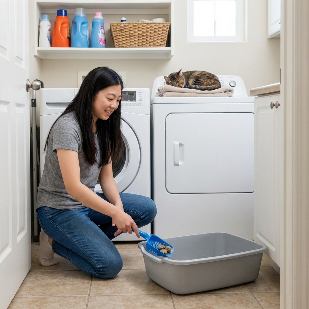 Person scooping a clean litter box in a home laundry room