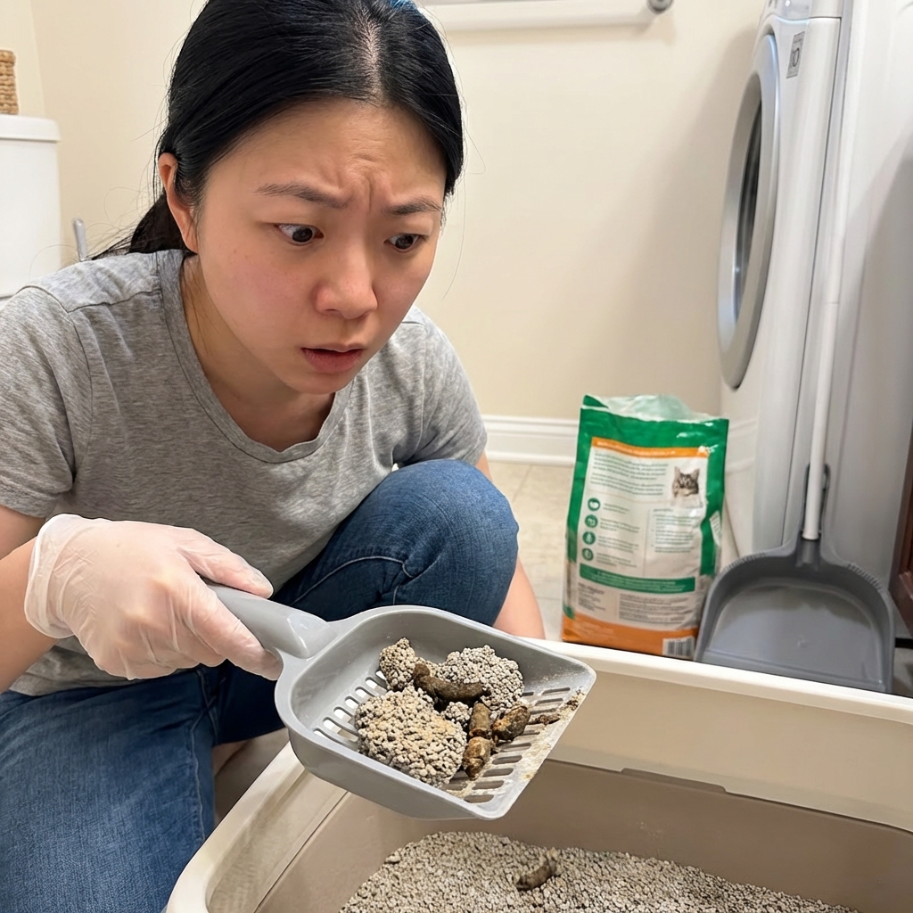 Person scooping a litter box and noticing small, dry stool