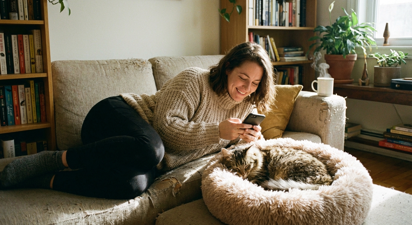 Person using a phone while their cat rests in a soft bed nearby