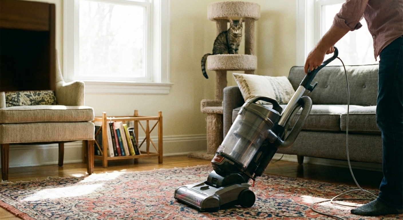 Person vacuuming a carpeted floor near a cat tree in a bright home interior