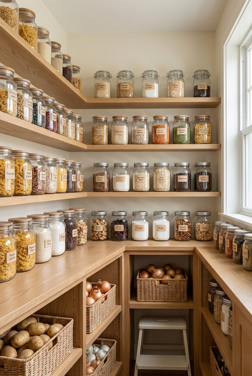 Photo of a clean kitchen pantry with dry goods stored in clear glass jars with tight lids on shelves