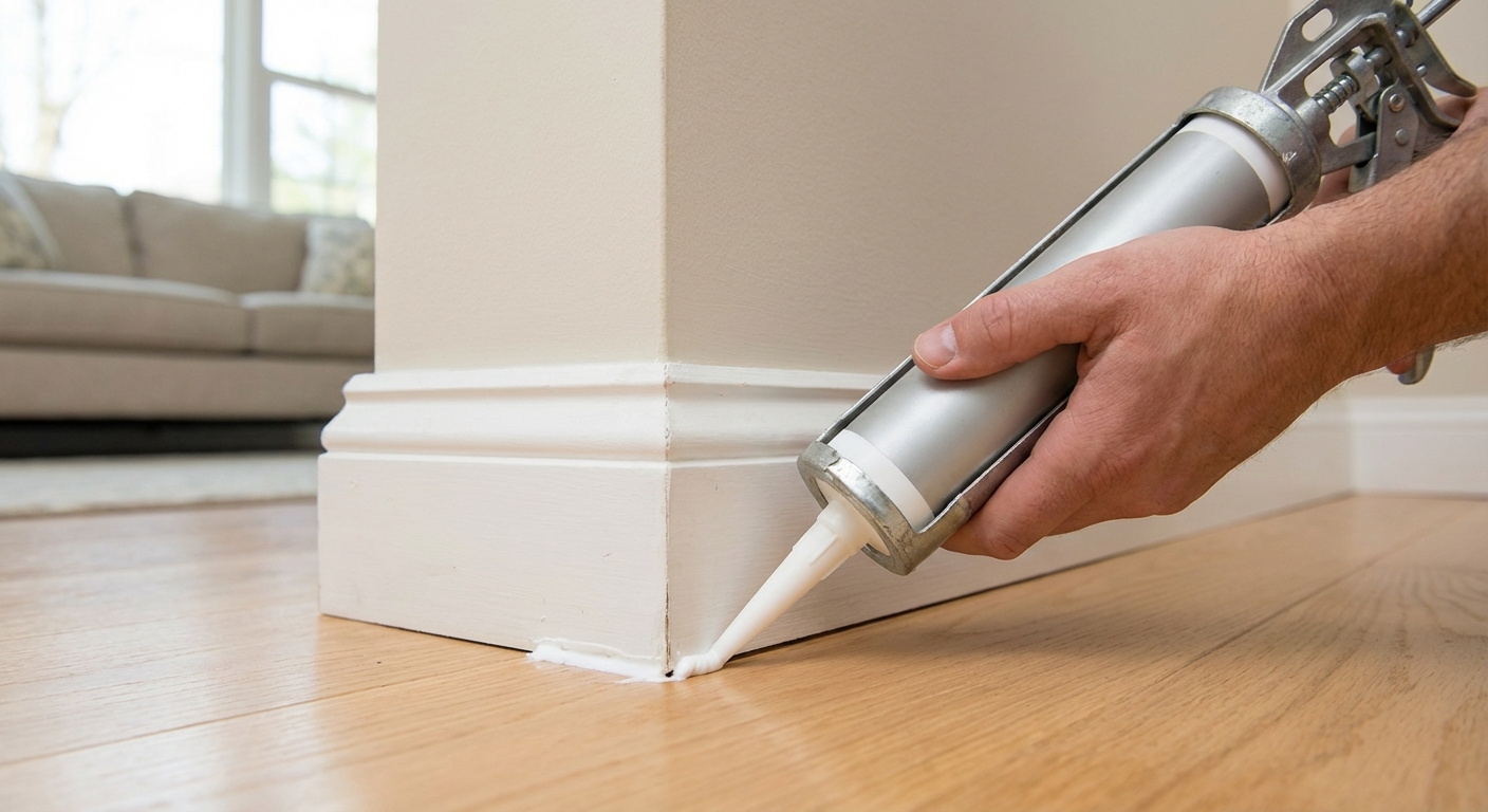 Photo of a living room baseboard corner with a small gap being sealed with a caulk gun