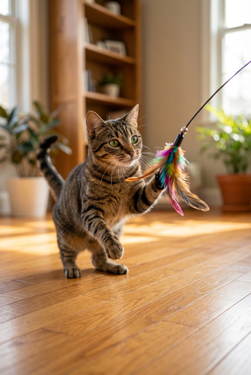 Photograph of a cat playing with a feather wand toy on a hardwood floor