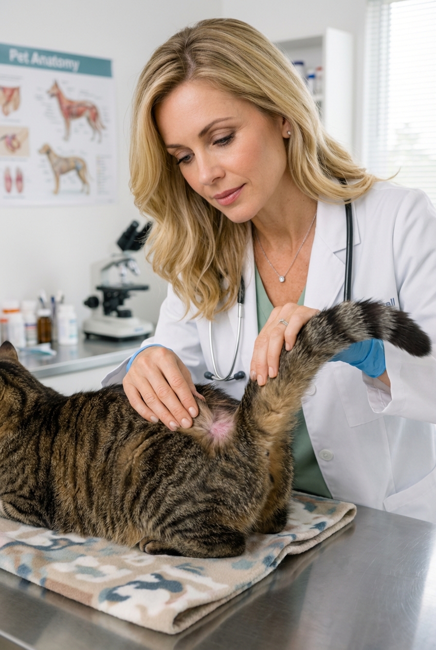 Photograph of a person gently parting a cat’s fur to check the skin near the base of the tail