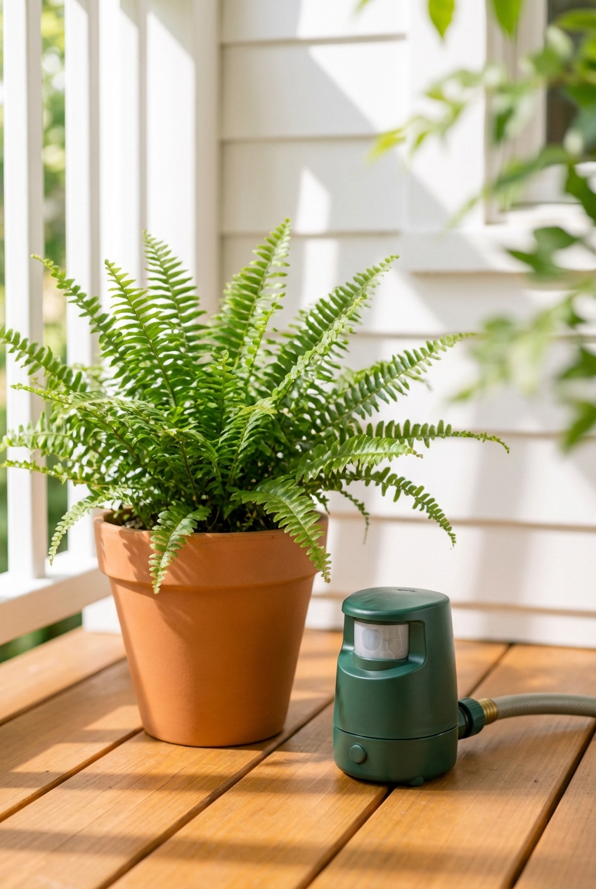 Porch corner with a potted plant and a small motion-activated sprinkler set up nearby