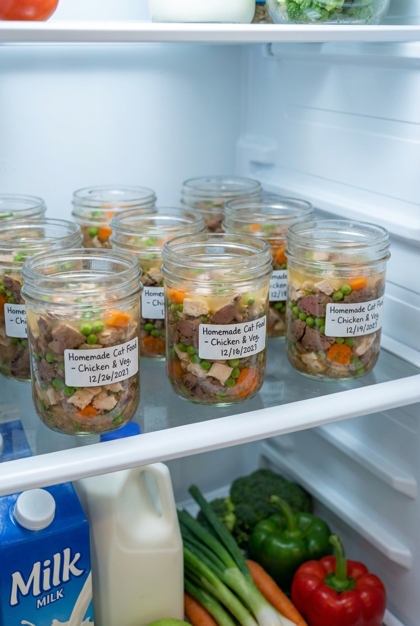 Portioned homemade cat food in small glass containers arranged on a refrigerator shelf