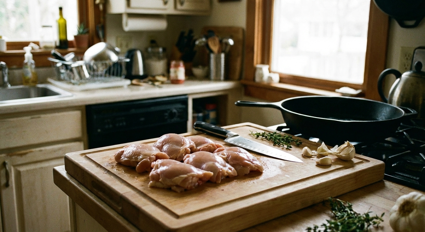 Raw boneless chicken thighs on a cutting board in a home kitchen