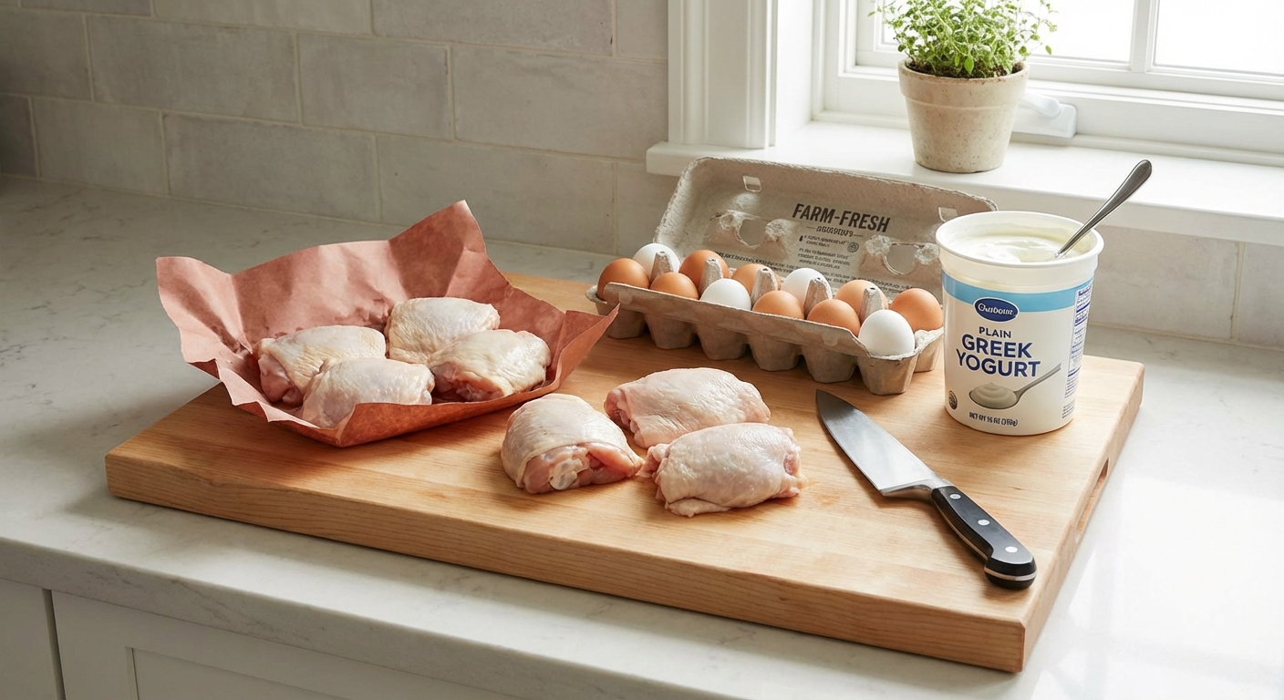 Raw chicken thighs, a carton of eggs, and plain Greek yogurt beside a cutting board on a kitchen counter