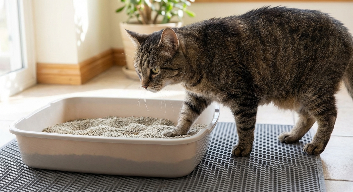 Senior cat stepping into a low-entry litter box on a non-slip mat