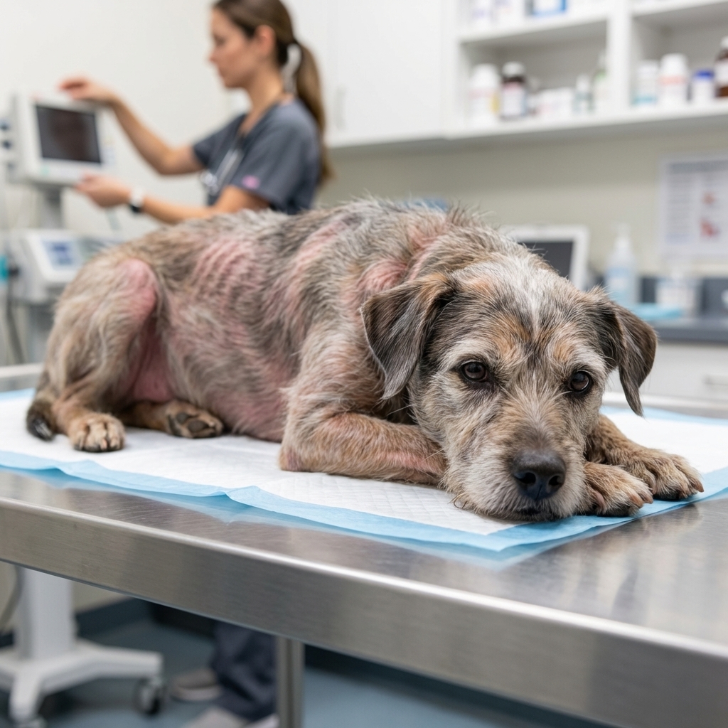 Senior dog with thin skin and hair loss along the torso on a veterinary exam table.