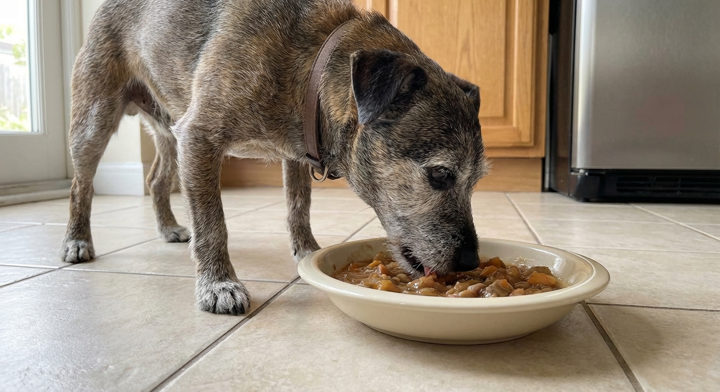 Senior small dog eating soft cooked food from a shallow bowl on a kitchen floor