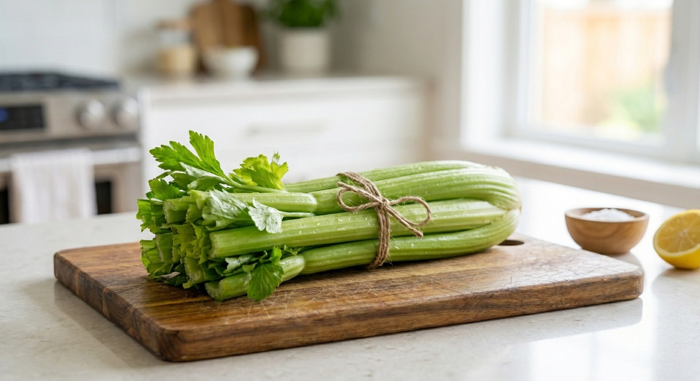 Several celery stalks on a cutting board