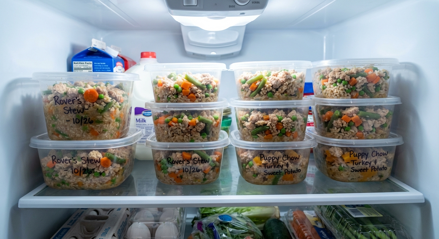 Several clear food containers filled with homemade dog food stacked in a refrigerator