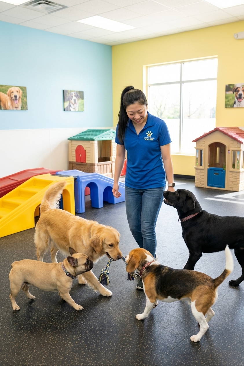 Several dogs playing together in a clean indoor daycare playroom while a staff member supervises, real photo