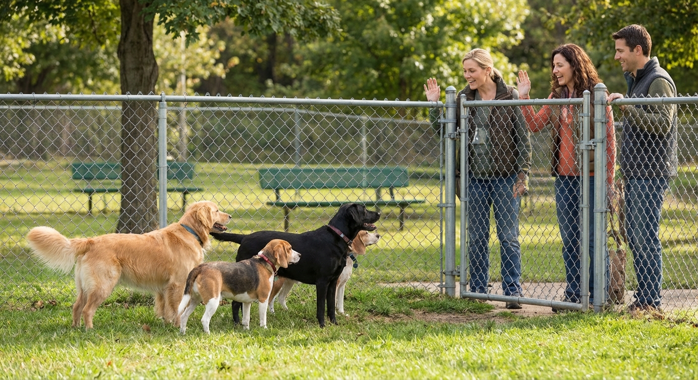 Several dogs standing calmly a few feet away from a dog park gate while their owners call them back