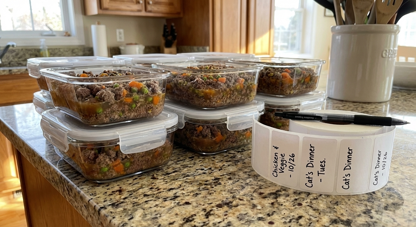 Several small glass meal prep containers filled with homemade cat food portions arranged on a kitchen counter next to a freezer-safe label roll, photorealistic
