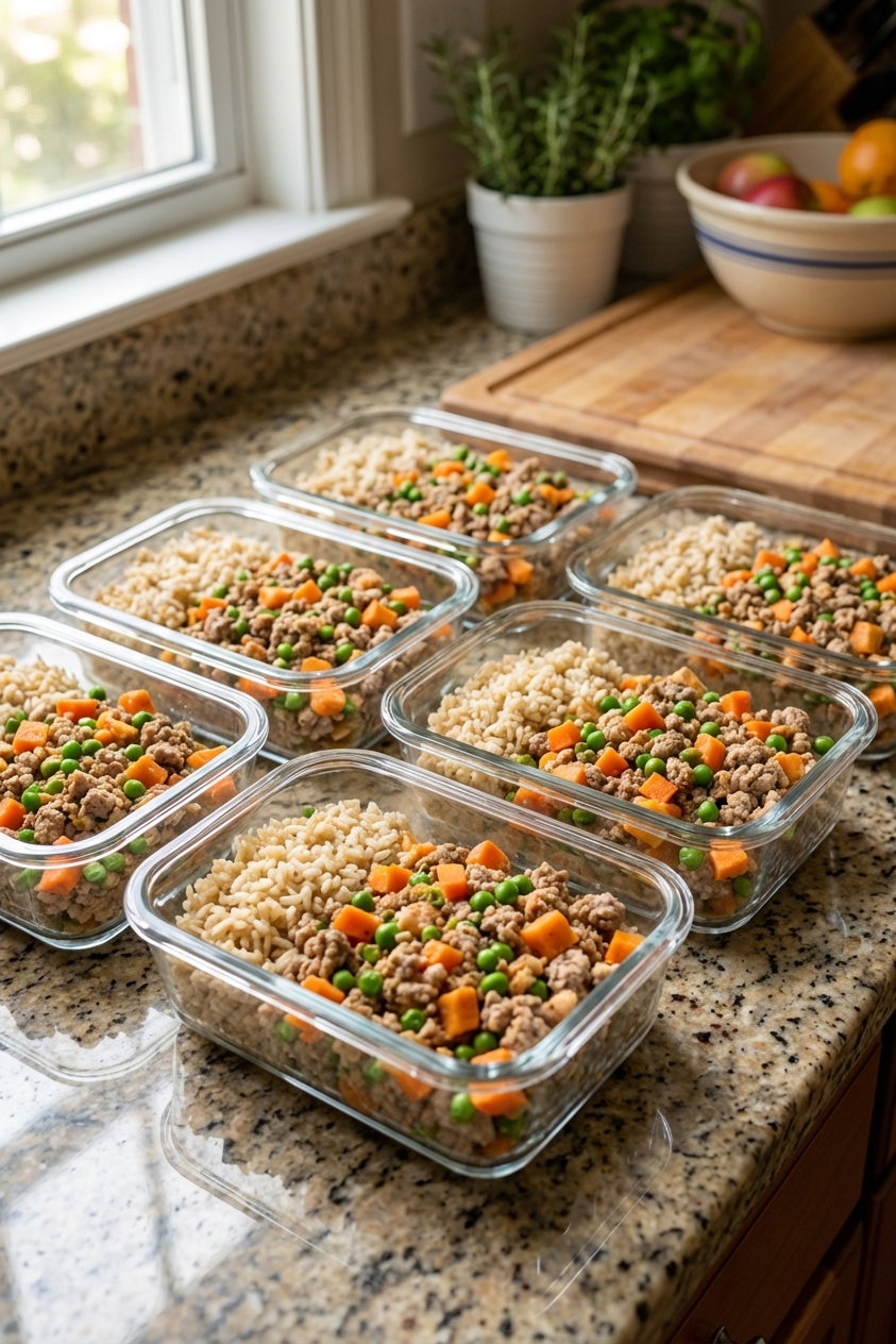 Several small glass meal prep containers on a kitchen counter filled with portioned homemade dog food, lids off, photorealistic