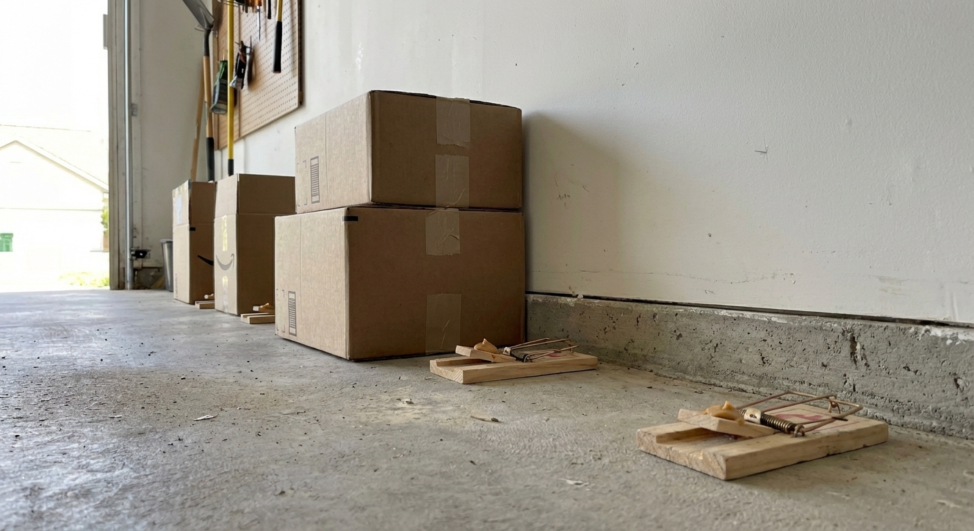 Several snap traps placed along a garage wall near stored boxes