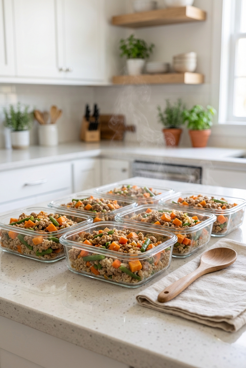 Shallow glass containers of freshly cooked dog food cooling on a kitchen counter