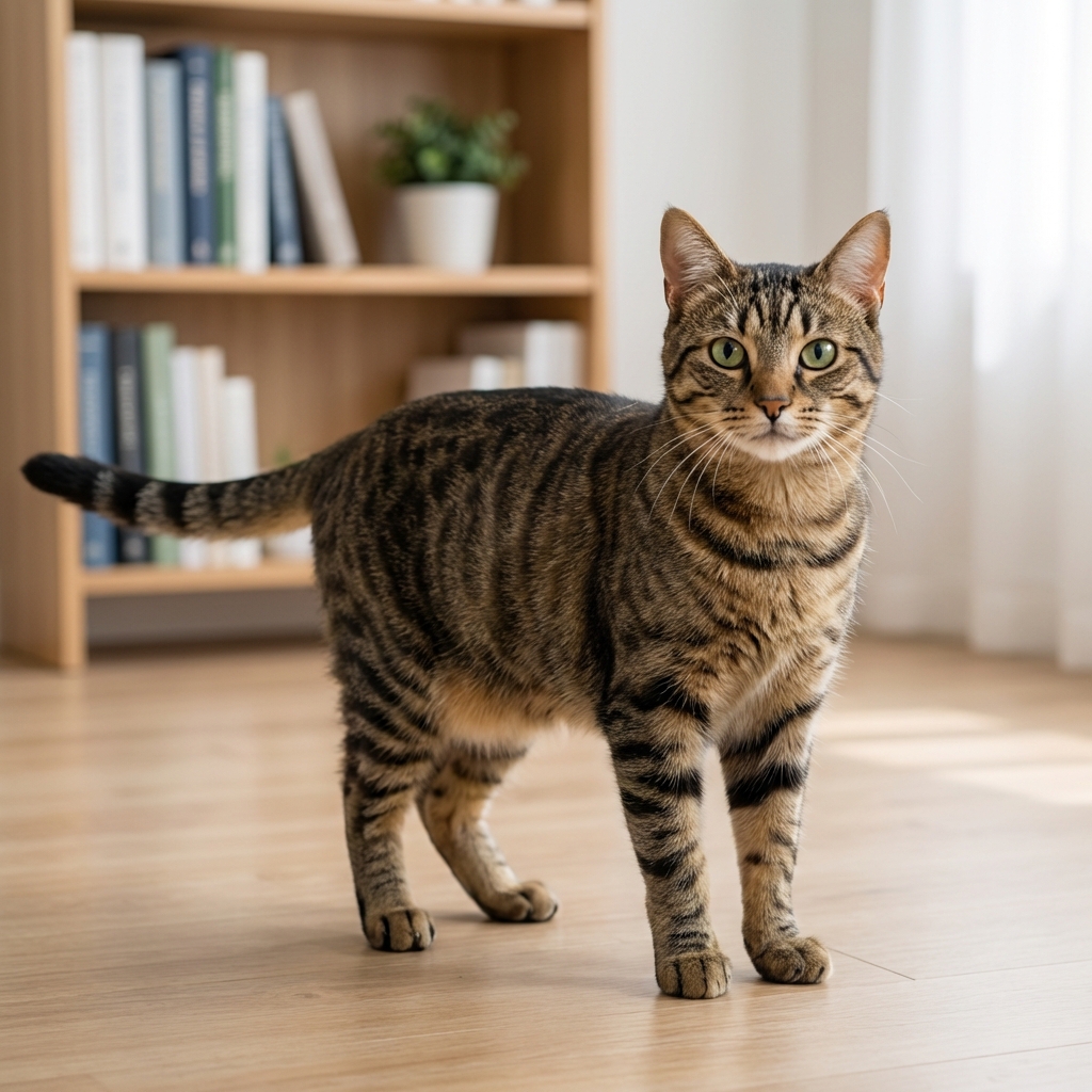 Shorthaired cat standing indoors with her tail held to the side