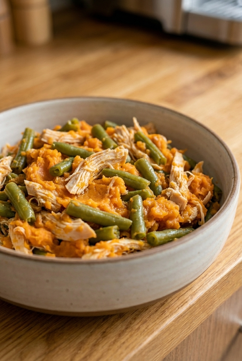 Shredded cooked chicken mixed with mashed cooked sweet potato and cooked green beans in a ceramic bowl