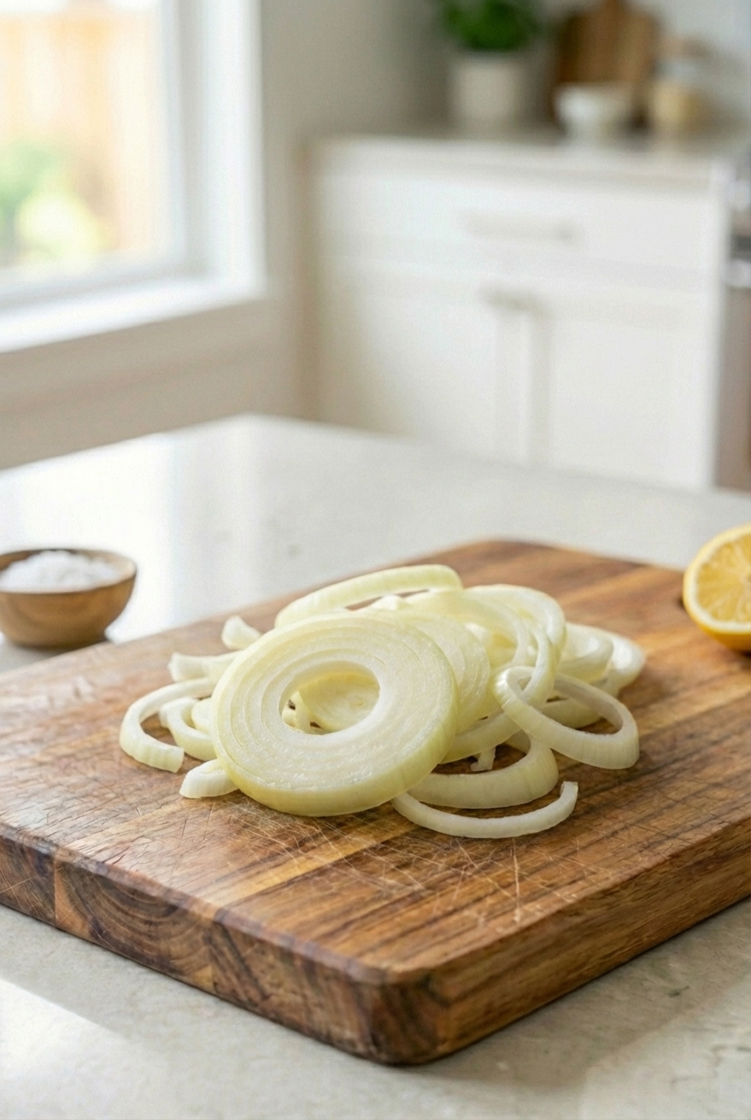 Sliced yellow onion on a cutting board