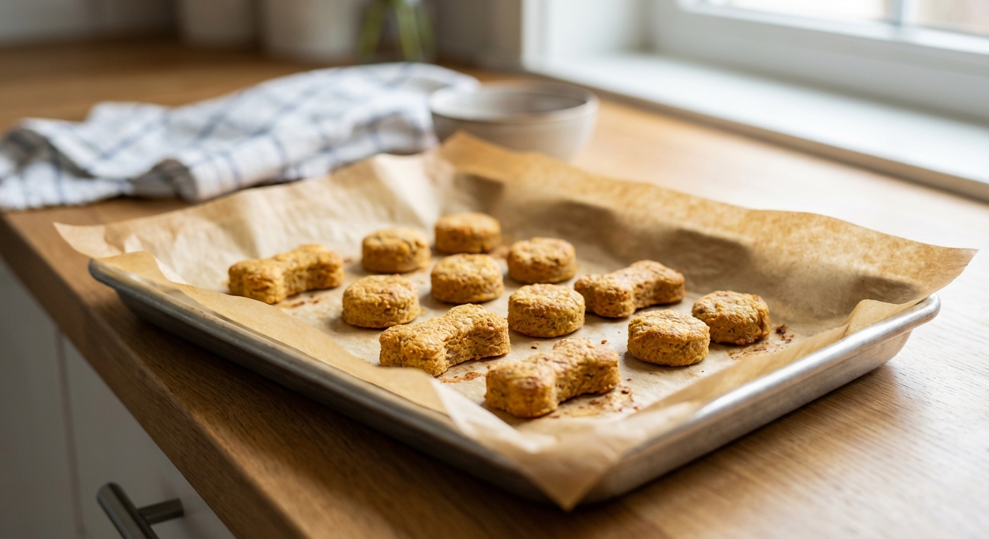 Small baked tuna treats cooling on a parchment-lined baking sheet in a home kitchen