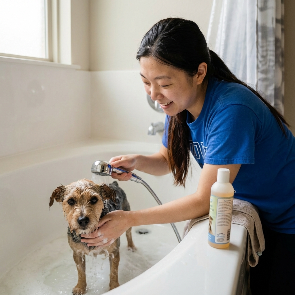 Small dog being gently bathed in a tub with a handheld sprayer