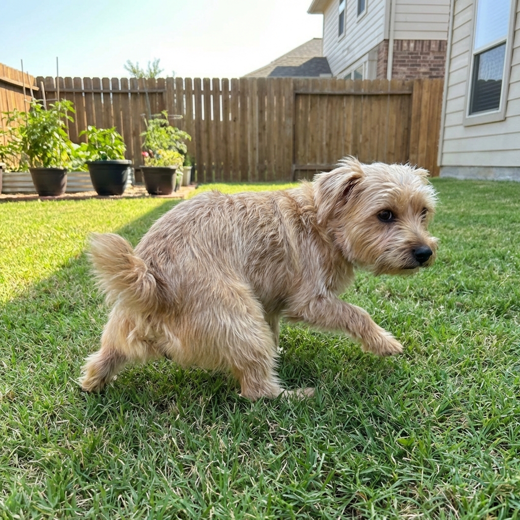 Small dog scooting on grass in a sunny backyard