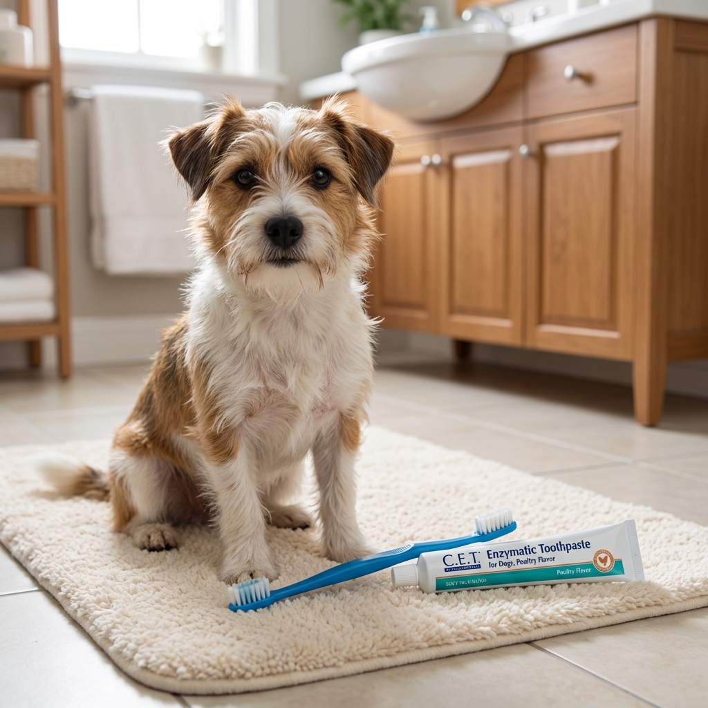 Small mixed-breed dog sitting on a bathroom rug next to a dog toothbrush and dog-safe toothpaste