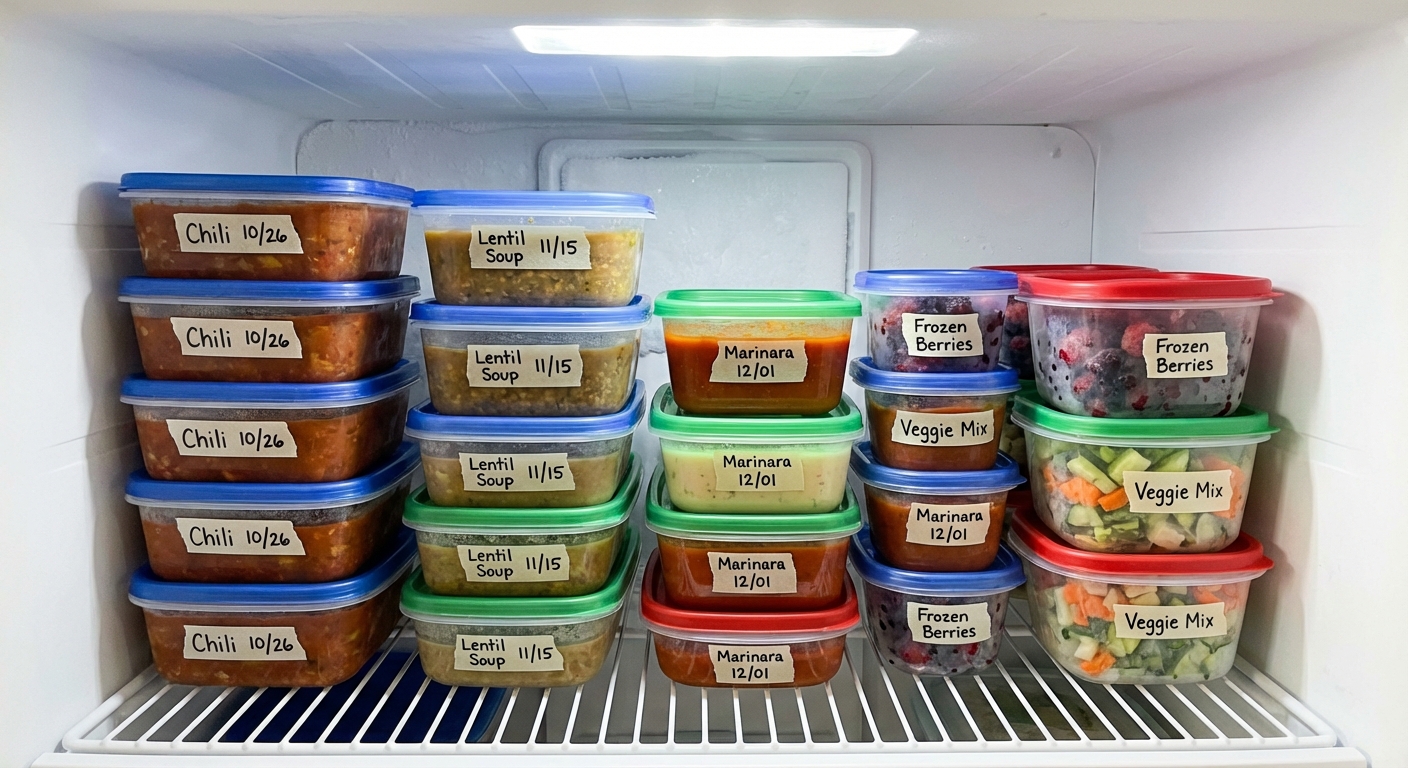 Stacked freezer-safe containers labeled with dates inside a home freezer
