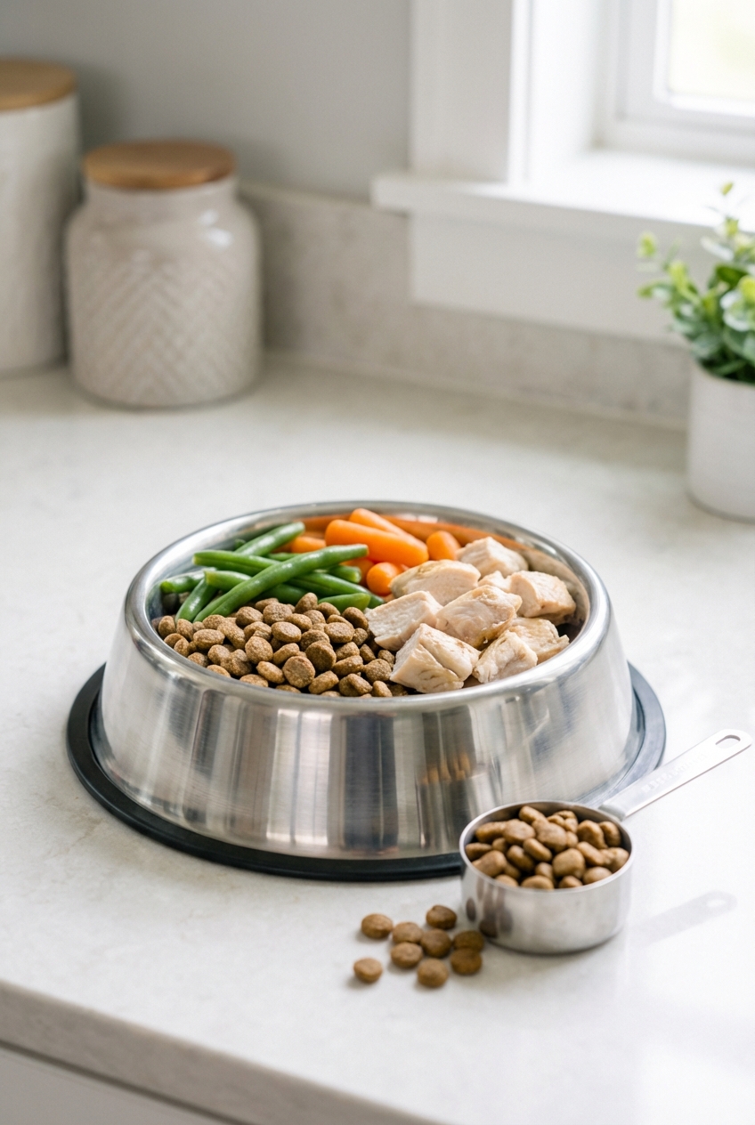 Stainless steel dog bowl filled with a balanced meal next to a measuring scoop
