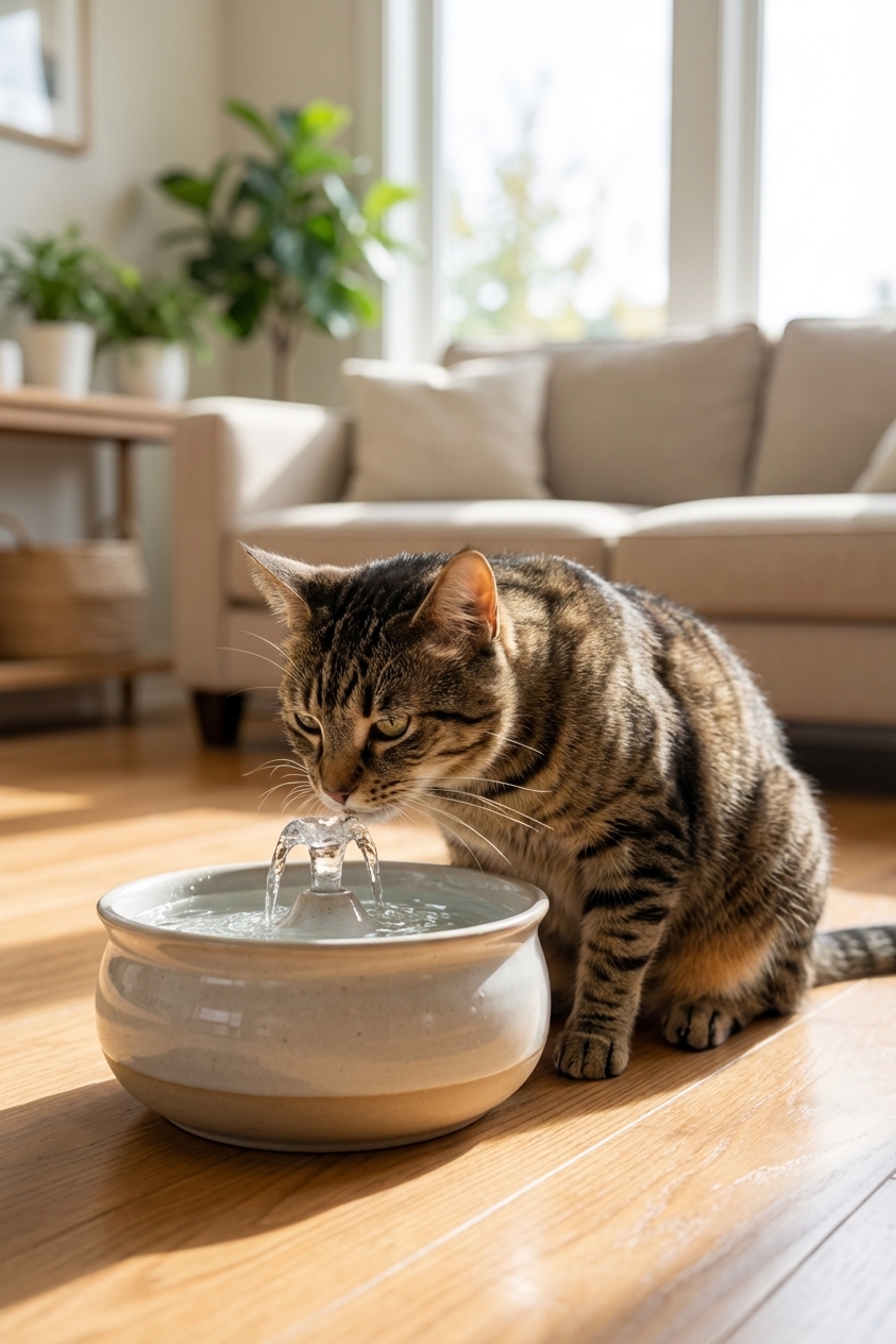 Tabby cat drinking from a pet water fountain in a bright living room